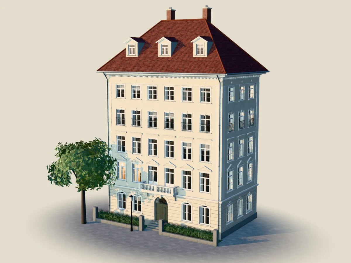 Mehrfamilienhaus im Gründerzeitstil mit zwölf Einheiten im Nachmittagslicht